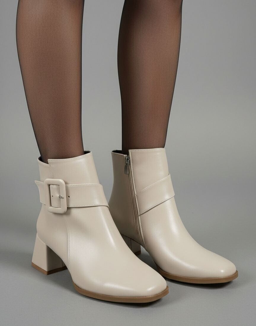 Kadın Küt Cilt Bot Bej Kare Tokalı Günlük Şık Tasarım