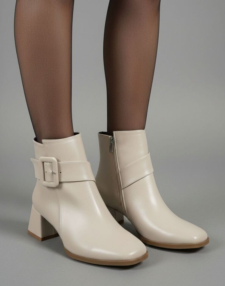 Kadın Küt Cilt Bot Bej Kare Tokalı Günlük Şık Tasarım