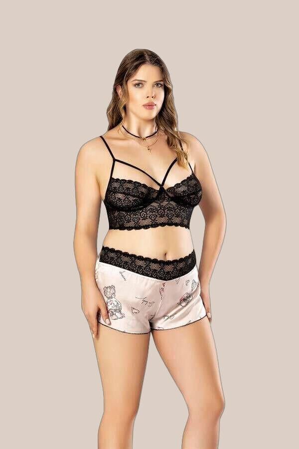 Büyük Beden Altı Şirin Desenli Üstü Dantel Fantezi Şortlu Saten Gecelik