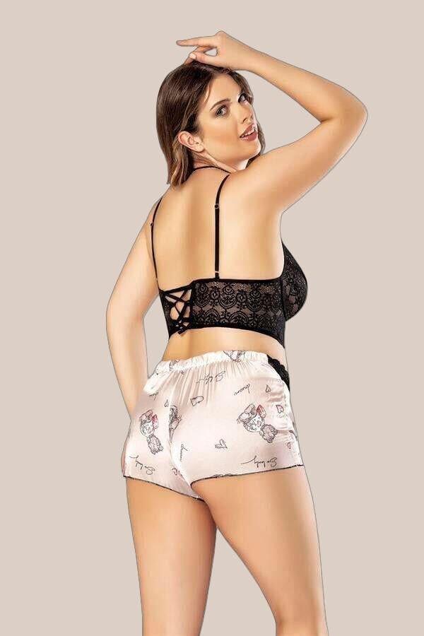 Büyük Beden Altı Şirin Desenli Üstü Dantel Fantezi Şortlu Saten Gecelik