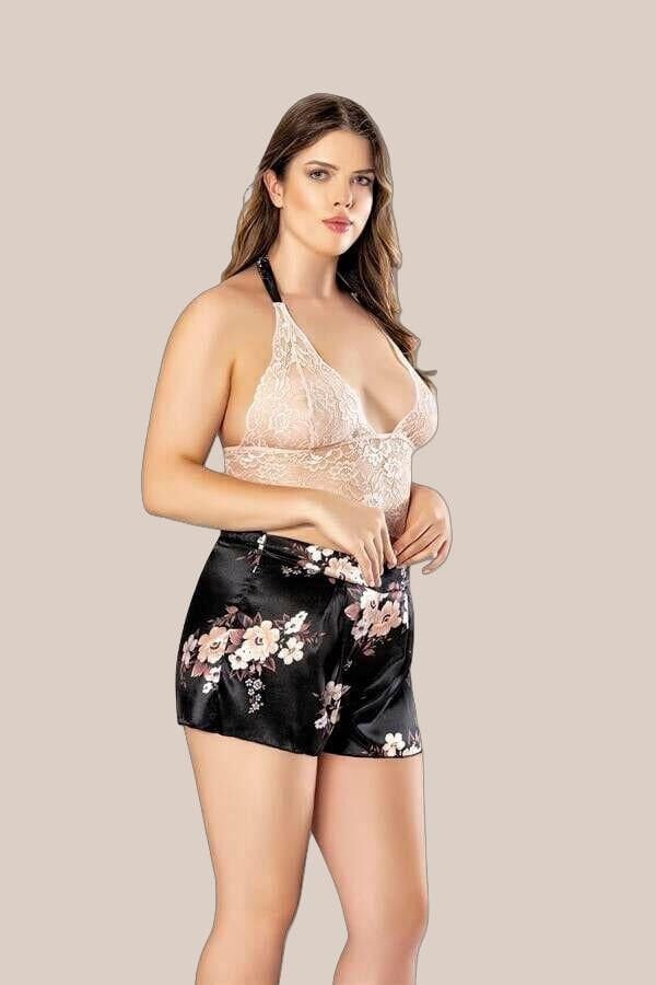 Arias Closet Üstü Dantel Altı Saten Fantezi Büyük Beden Şortlu Gecelik