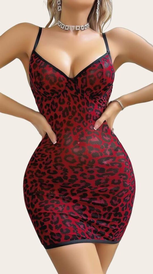 Arias Closet Kırmızı Leopar Desenli Arkası İp Detaylı Fantezi Gecelik