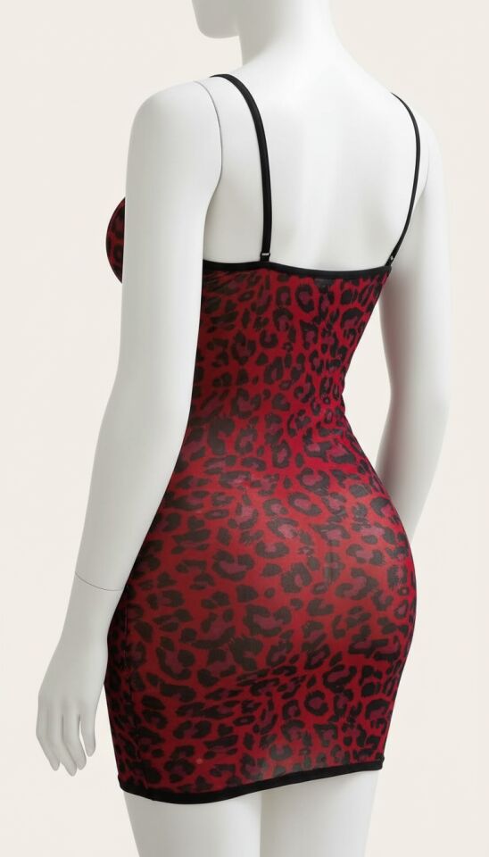 Arias Closet Kırmızı Leopar Desenli Arkası İp Detaylı Fantezi Gecelik