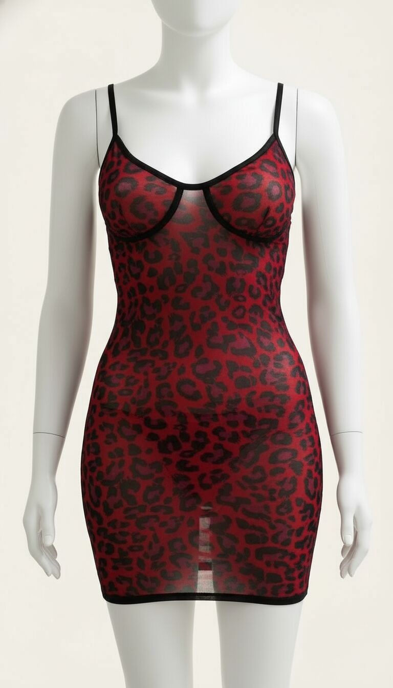 Arias Closet Kırmızı Leopar Desenli Arkası İp Detaylı Fantezi Gecelik