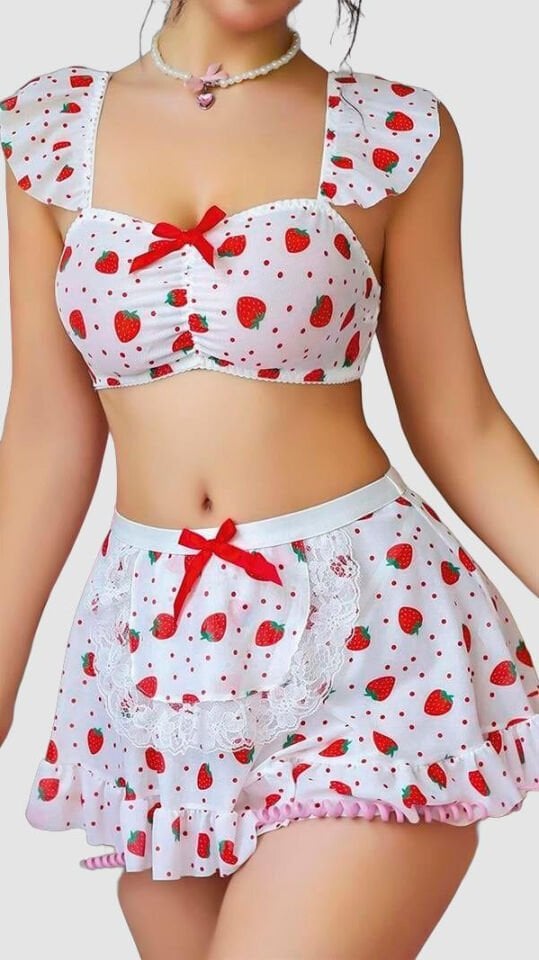Arias Closet Beyaz Çilek Desenli Etekli Fantezi Sütyen Takım