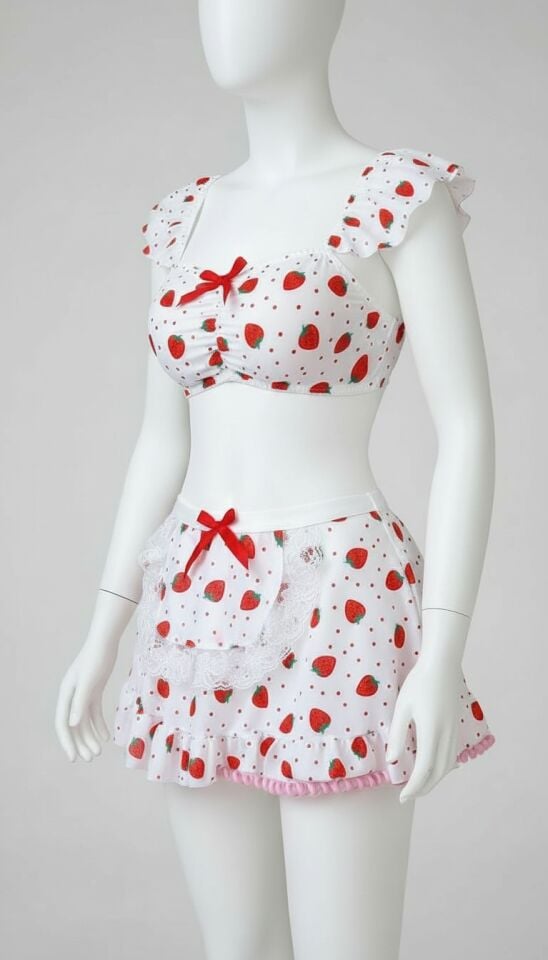 Arias Closet Beyaz Çilek Desenli Etekli Fantezi Sütyen Takım