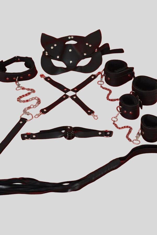 Arias Closet Siyah İçi Tüylü Maske,Kol,Bacak,Ağız Topu,Kırbaç,Tasma Set