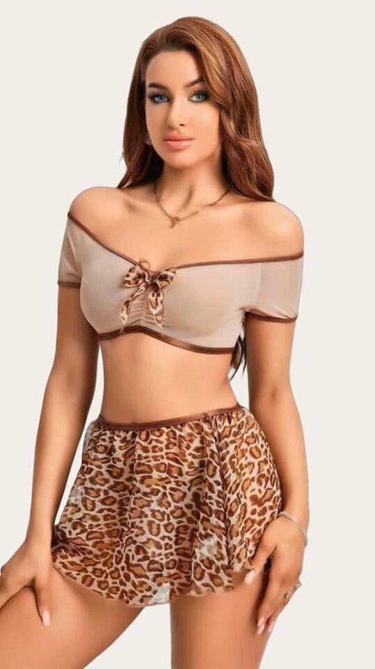 Arias Closet Kalın Askılı Sütyen Leopar Desen Etekli Fantezi Gecelik