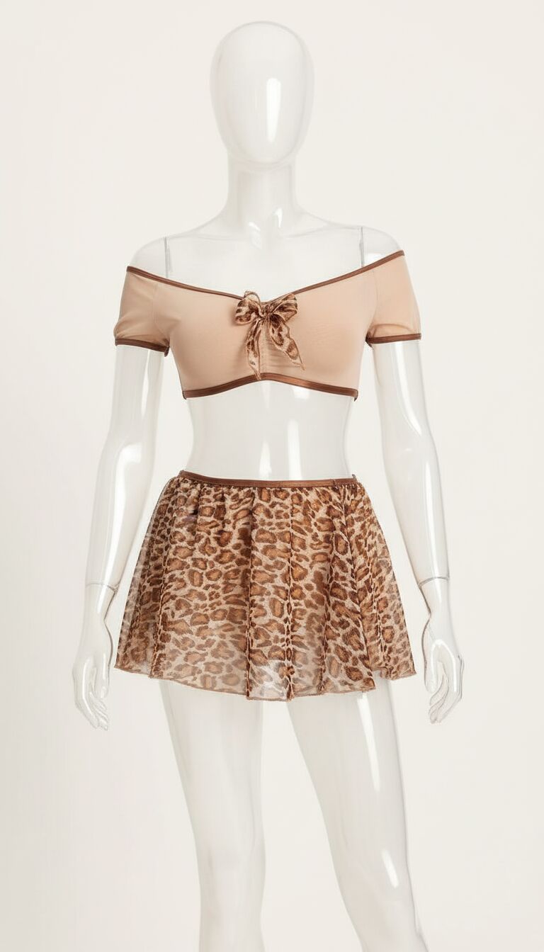 Kalın Askılı Sütyen Leopar Desen Etekli Fantezi Gecelik