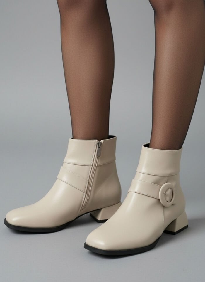 Kadın Küt Cilt Bot Bej Yuvarlak Tokalı Günlük Şık Tasarım