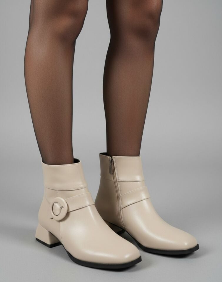 Kadın Küt Cilt Bot Bej Yuvarlak Tokalı Günlük Şık Tasarım