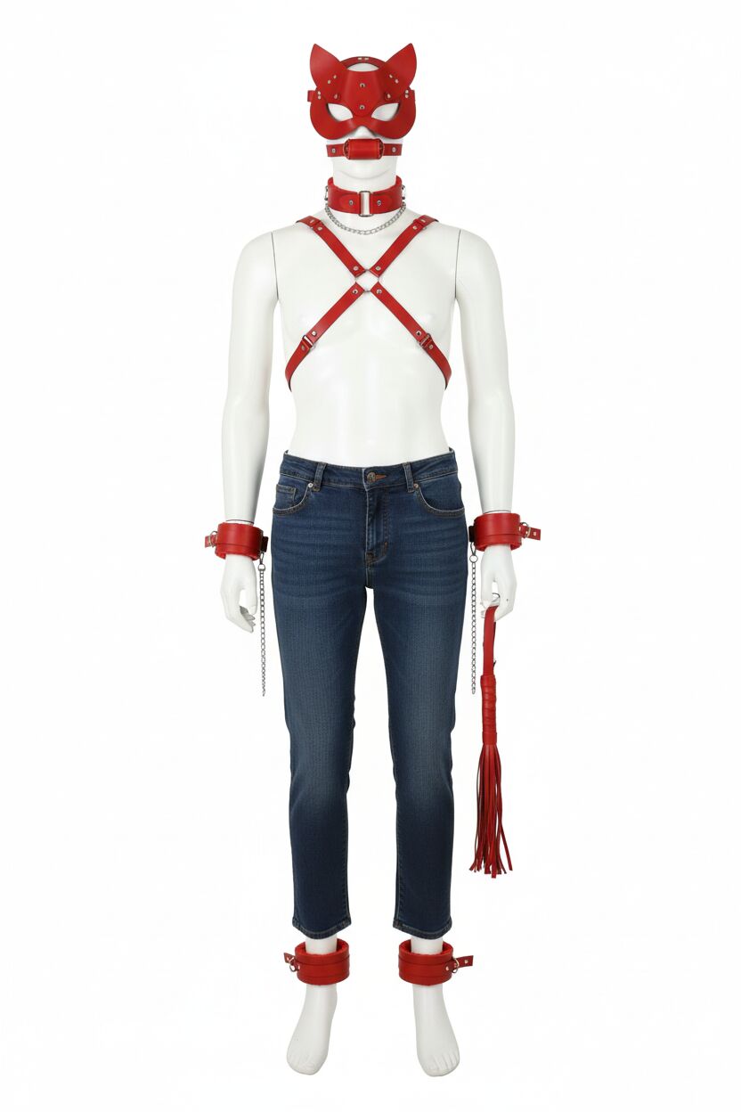 Arias Closet Kırmızı İçi Tüylü Maske,Kol,Bacak,Ağız Topu,Kırbaç,Tasma Harness Set