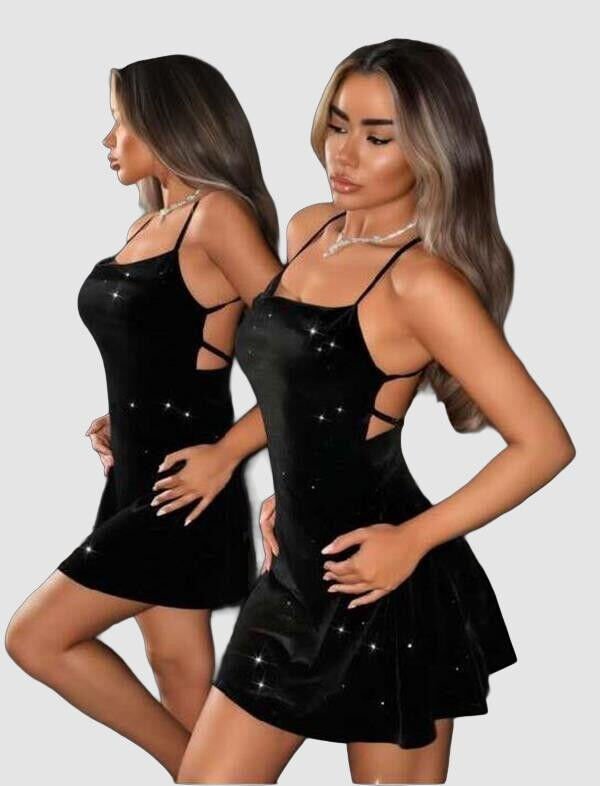 Siyah Sırt Dekolteli Simli Fantezi Mini Club Elbisesi