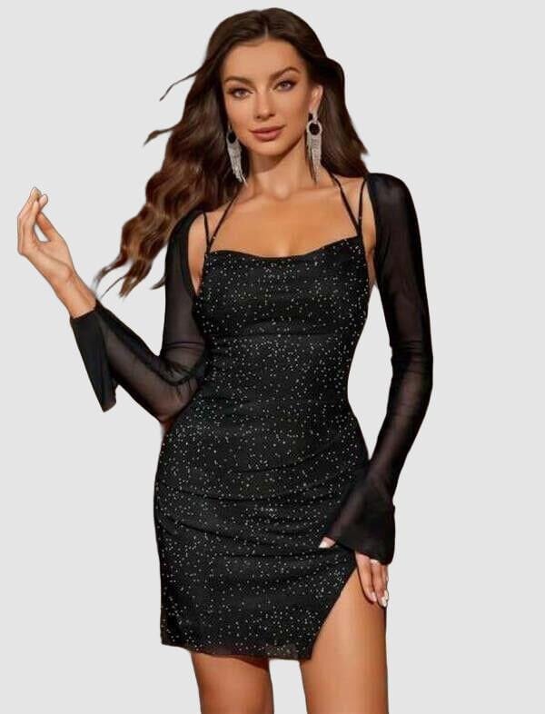 Arias Closet Siyah Yırtmaç Detay Simli Fantezi Mini Club Elbisesi