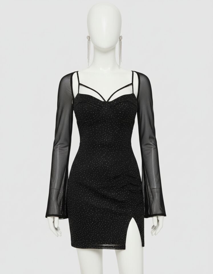 Arias Closet Siyah Yırtmaç Detay Simli Fantezi Mini Club Elbisesi