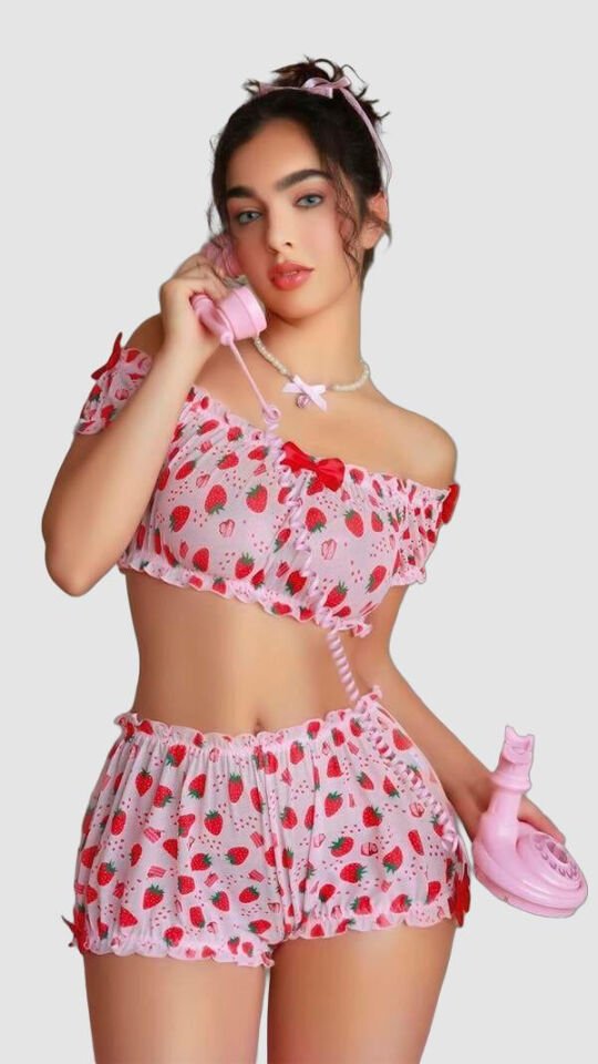 Pembe Çilek Desenli Şortlu Fantezi Sütyen Takımı