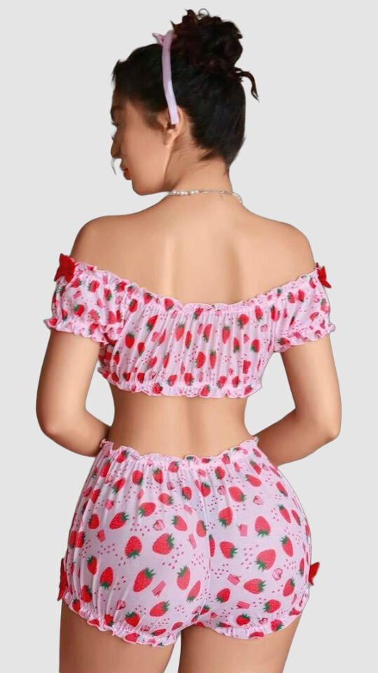 Pembe Çilek Desenli Şortlu Fantezi Sütyen Takımı