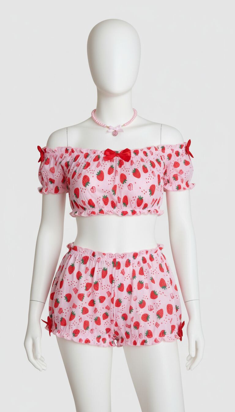 Arias Closet Pembe Çilek Desenli Şortlu Fantezi Sütyen Takımı