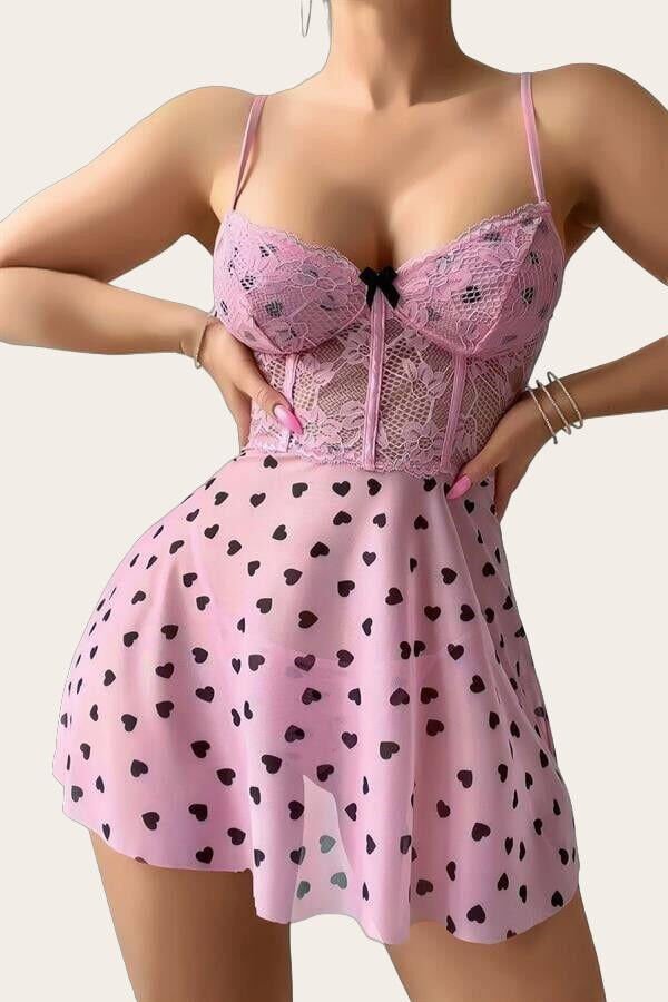 Arias Closet Pembe Kalp Desenli Dantel İşlemeli Fantezi Gecelik