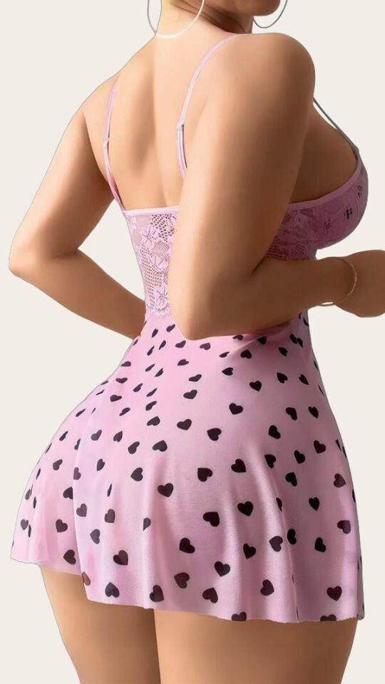 Arias Closet Pembe Kalp Desenli Dantel İşlemeli Fantezi Gecelik