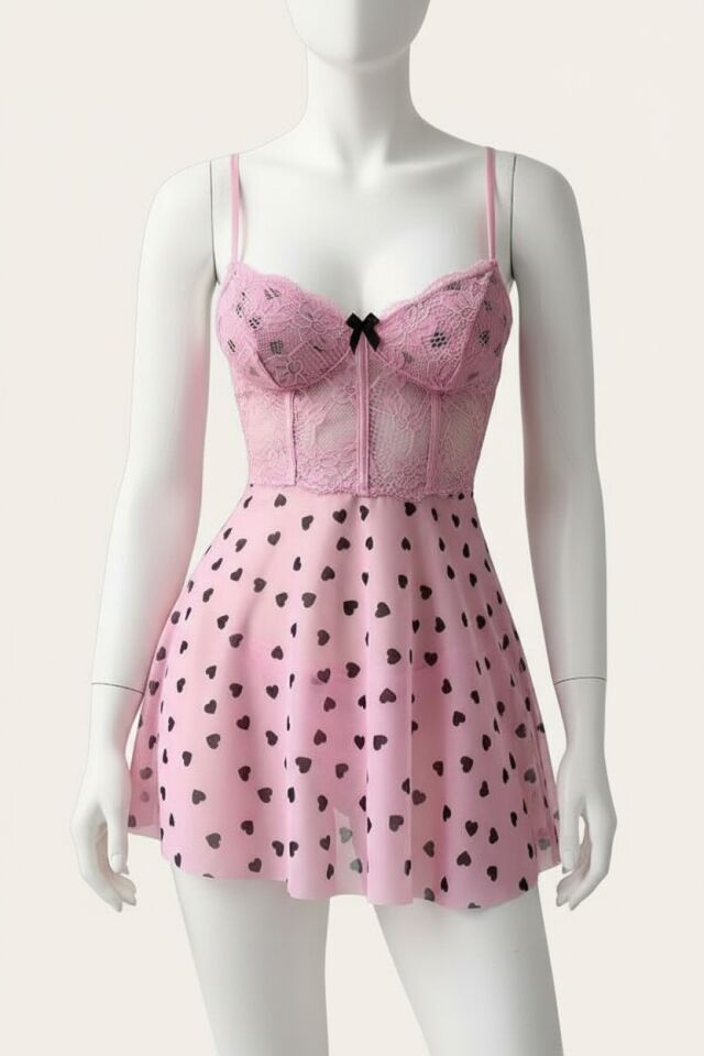 Arias Closet Pembe Kalp Desenli Dantel İşlemeli Fantezi Gecelik