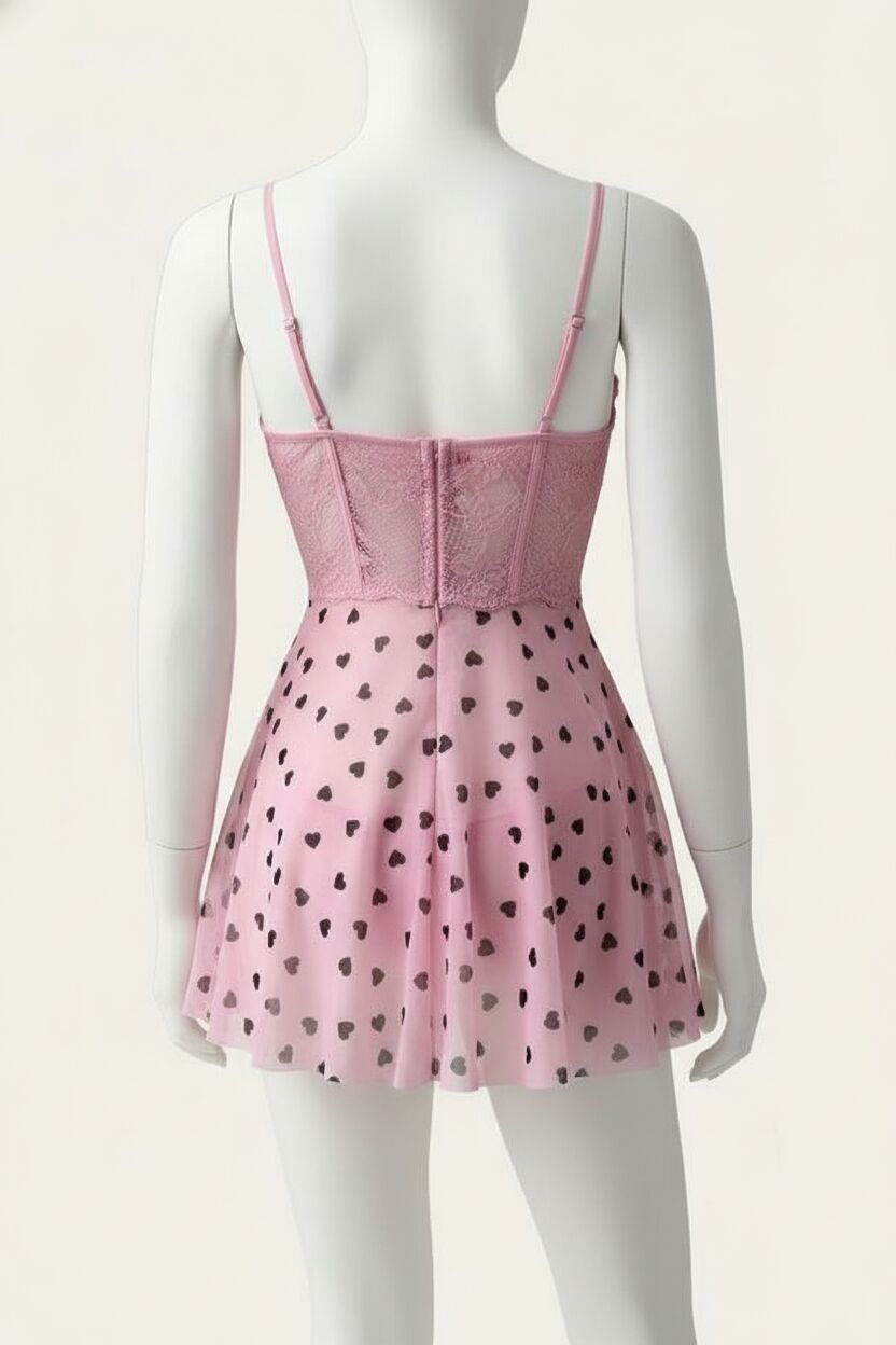 Arias Closet Pembe Kalp Desenli Dantel İşlemeli Fantezi Gecelik