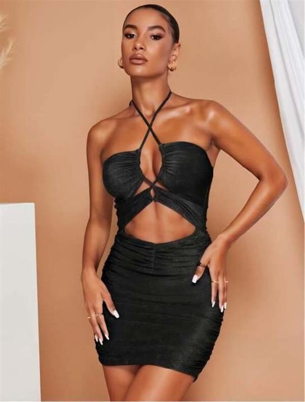Arias Closet Siyah Simli Boyundan Bağlamalı Göğüs Dekolteli Mini Club Elbisesi