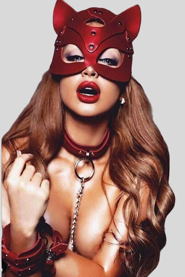Kırmızı Maske Tasma Ve Bacak Kelepce Sexy Set