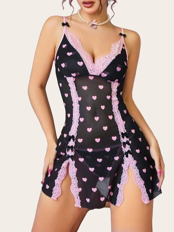 Arias Closet Siyah Kalp Desenli Dantel İşlemeli Fantezi Gecelik