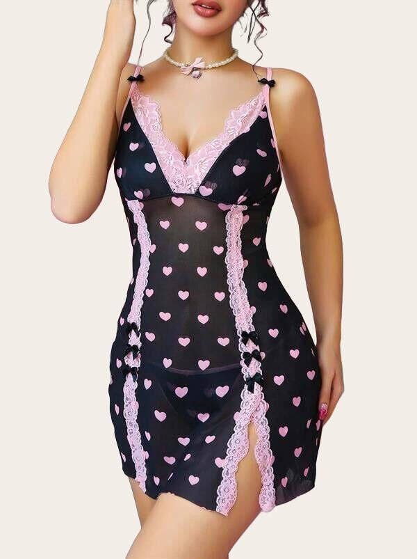 Arias Closet Siyah Kalp Desenli Dantel İşlemeli Fantezi Gecelik