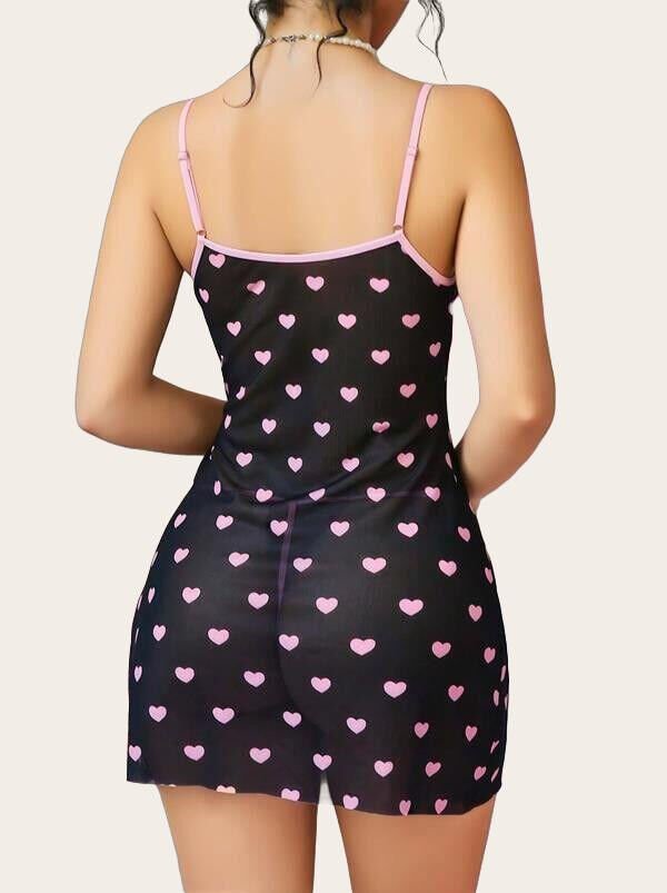 Arias Closet Siyah Kalp Desenli Dantel İşlemeli Fantezi Gecelik