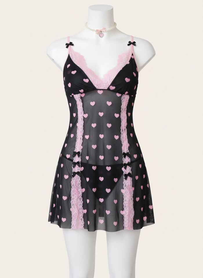 Arias Closet Siyah Kalp Desenli Dantel İşlemeli Fantezi Gecelik