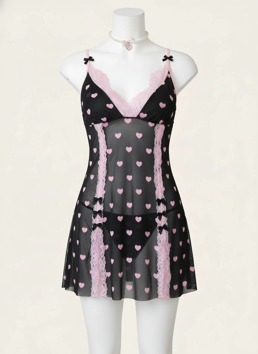 Arias Closet Siyah Kalp Desenli Dantel İşlemeli Fantezi Gecelik