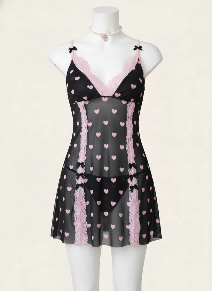 Arias Closet Siyah Kalp Desenli Dantel İşlemeli Fantezi Gecelik