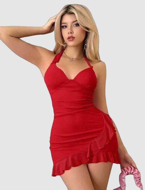 Kırmızı Boyundan Bağlamalı Fırfırlı Fantezi Mini Club Elbisesi