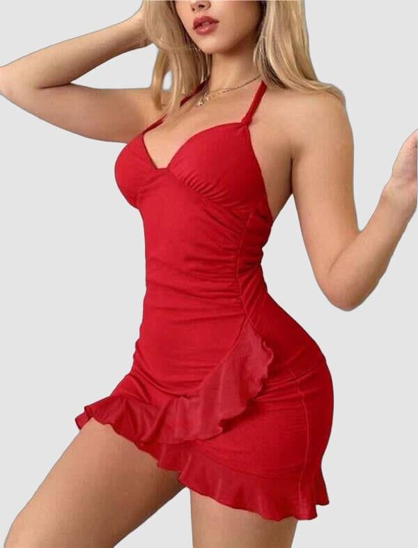 Arias Closet Kırmızı Boyundan Bağlamalı Fırfırlı Fantezi Mini Club Elbisesi