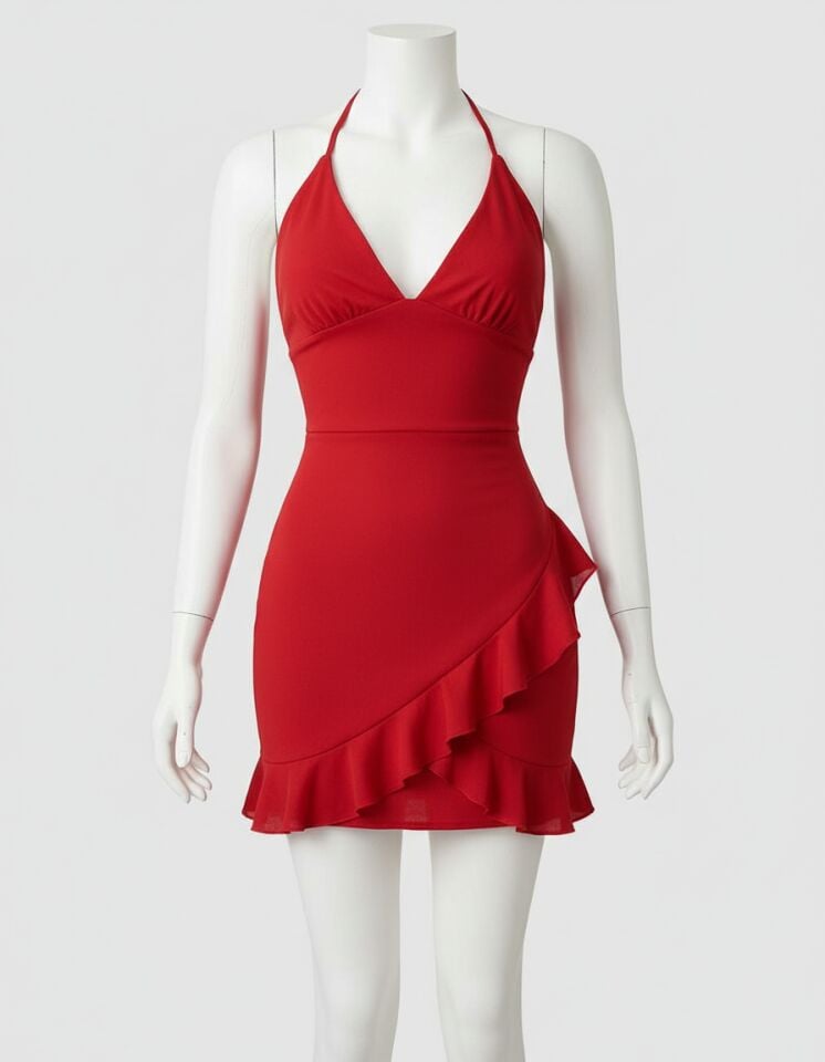 Arias Closet Kırmızı Boyundan Bağlamalı Fırfırlı Fantezi Mini Club Elbisesi