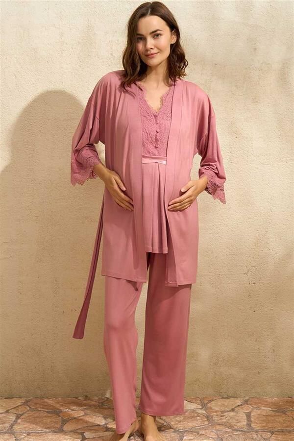 Arias Closet Sıfır Kol V Yaka Kadın Viskon Düz Yazlık Uzun Dantel Detaylı Hamile Pijama Takımı Sabahlık