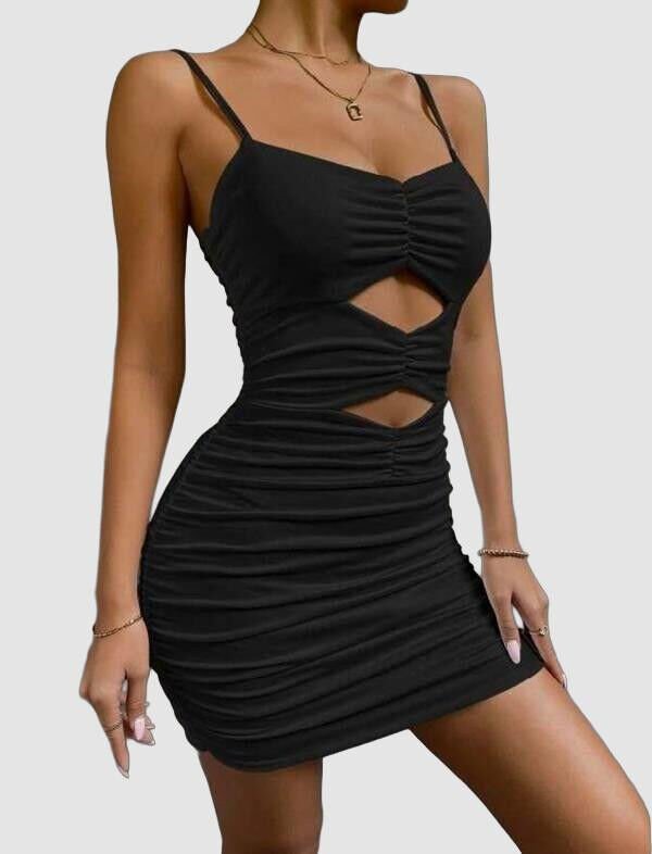 Göbek Dekolteli Büzgülü Siyah Mini Club Elbisesi