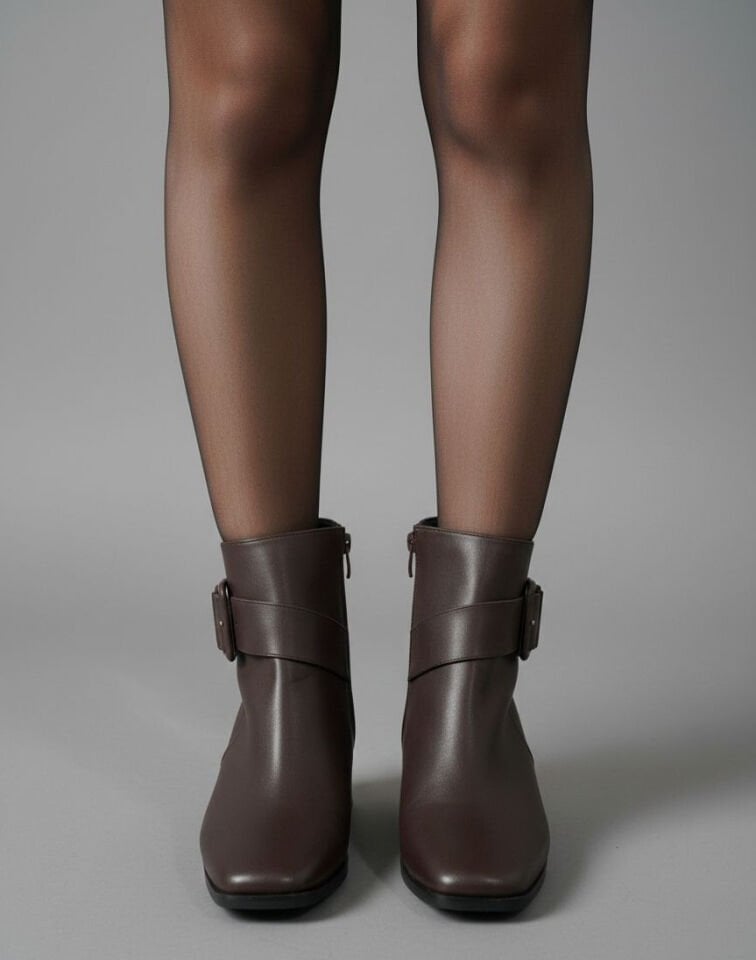 Kadın Küt Cilt Bot Kahverengi Kare Tokalı Günlük Şık Tasarım