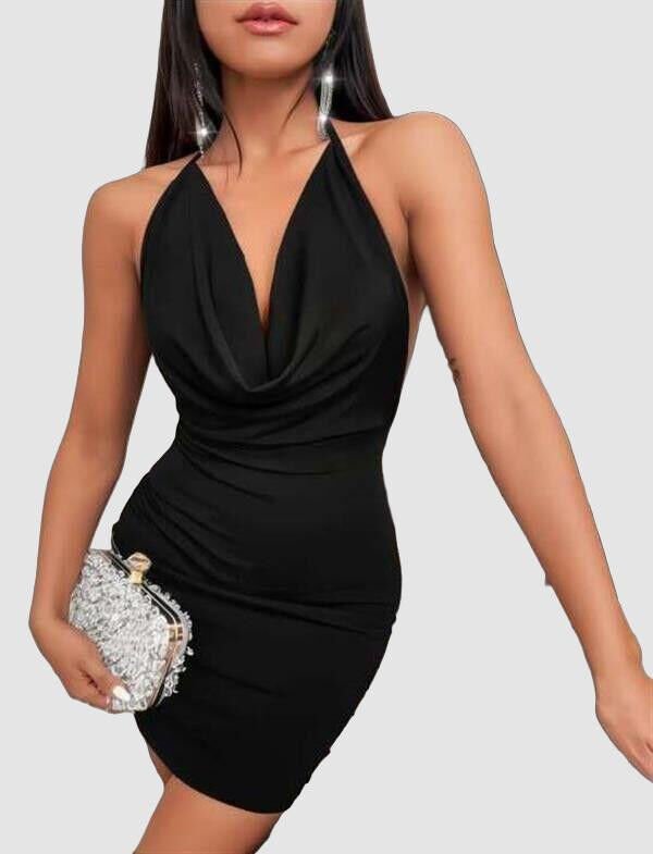 Siyah Boyundan Bağlamalı Sırt Dekolteli Mini Club Elbisesi