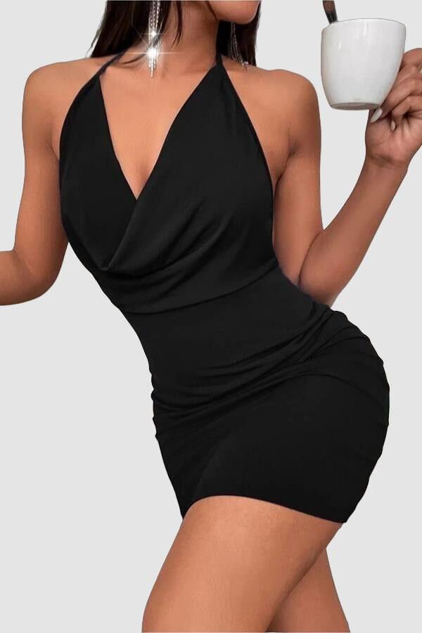 Siyah Boyundan Bağlamalı Sırt Dekolteli Mini Club Elbisesi