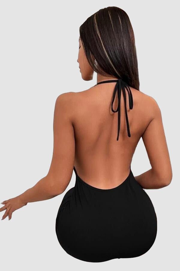 Siyah Boyundan Bağlamalı Sırt Dekolteli Mini Club Elbisesi