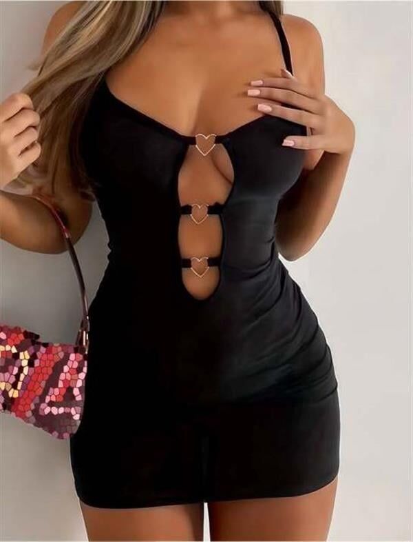Arias Closet Siyah Göğüs Dekolteli Kalp Detaylı Mini Club Elbisesi