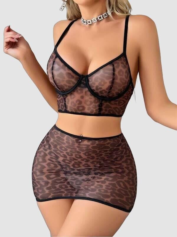 Arias Closet Leopar Desenli  Arkası İp Detaylı Büstiyerli Fantezi Takım