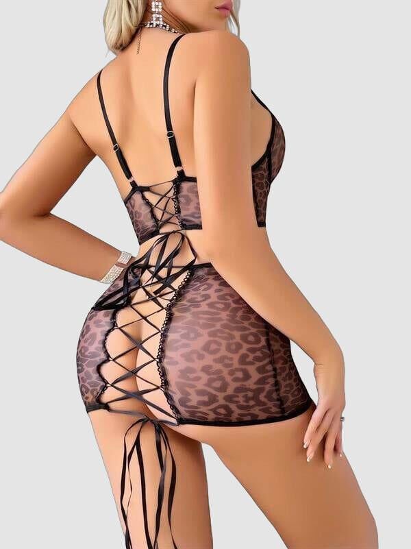 Arias Closet Leopar Desenli  Arkası İp Detaylı Büstiyerli Fantezi Takım