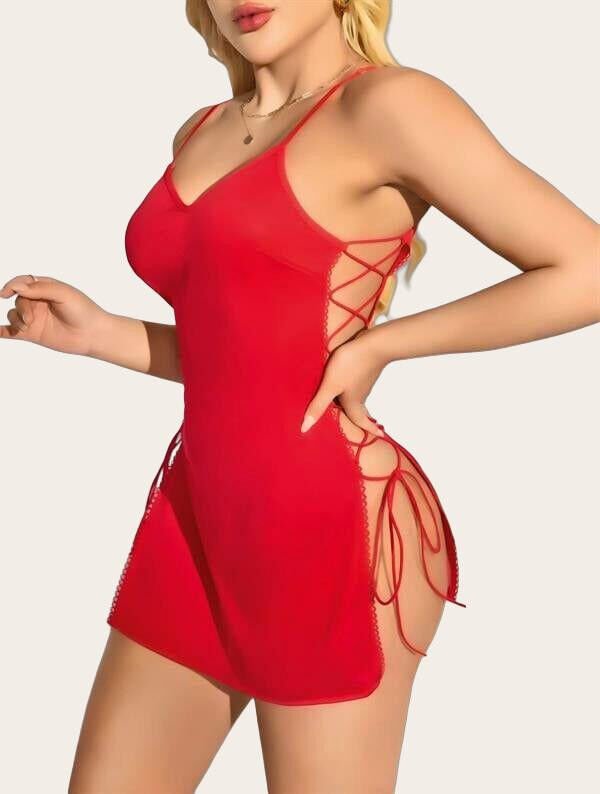 Kırmızı Yanları İp Detaylı Fantezi Gecelik