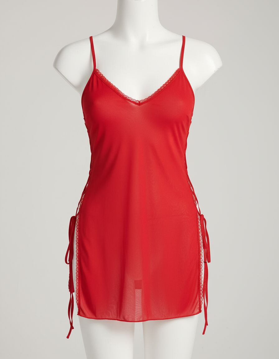 Kırmızı Yanları İp Detaylı Fantezi Gecelik