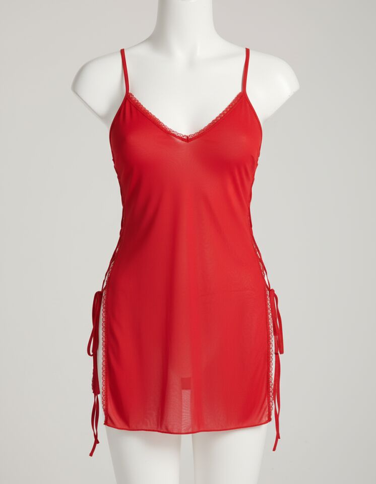 Kırmızı Yanları İp Detaylı Fantezi Gecelik