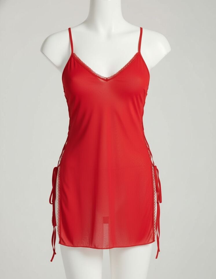 Arias Closet Kırmızı Yanları İp Detaylı Fantezi Gecelik